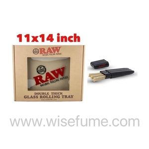 RAW DOUBLE THICK GLASS ROLLING TRAY 11”x14”- large + raw three tree cone case